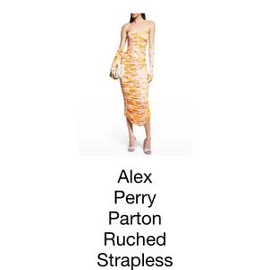 rry Parton Ruched Strapless Midi Dress with Gloves